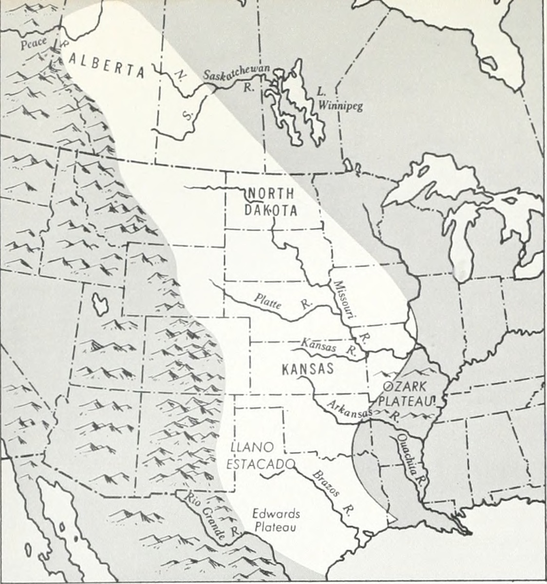 Vintage physiographic map showing the Great Plains as a light corridor running from Alberta south through the Dakotas, Kansas, and the Llano Estacado