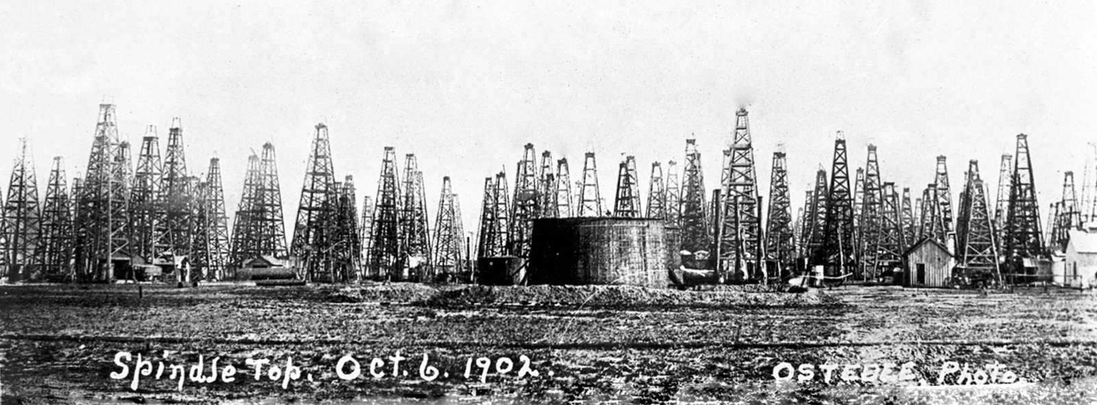 Panorama of the Spindletop oil field near Beaumont, Texas, dense with wooden derricks, October 1902
